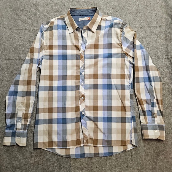 Men's Plaid Button Down Shirt Beige Blue Casual Flannel Style Long Sleeve L - Picture 1 of 8